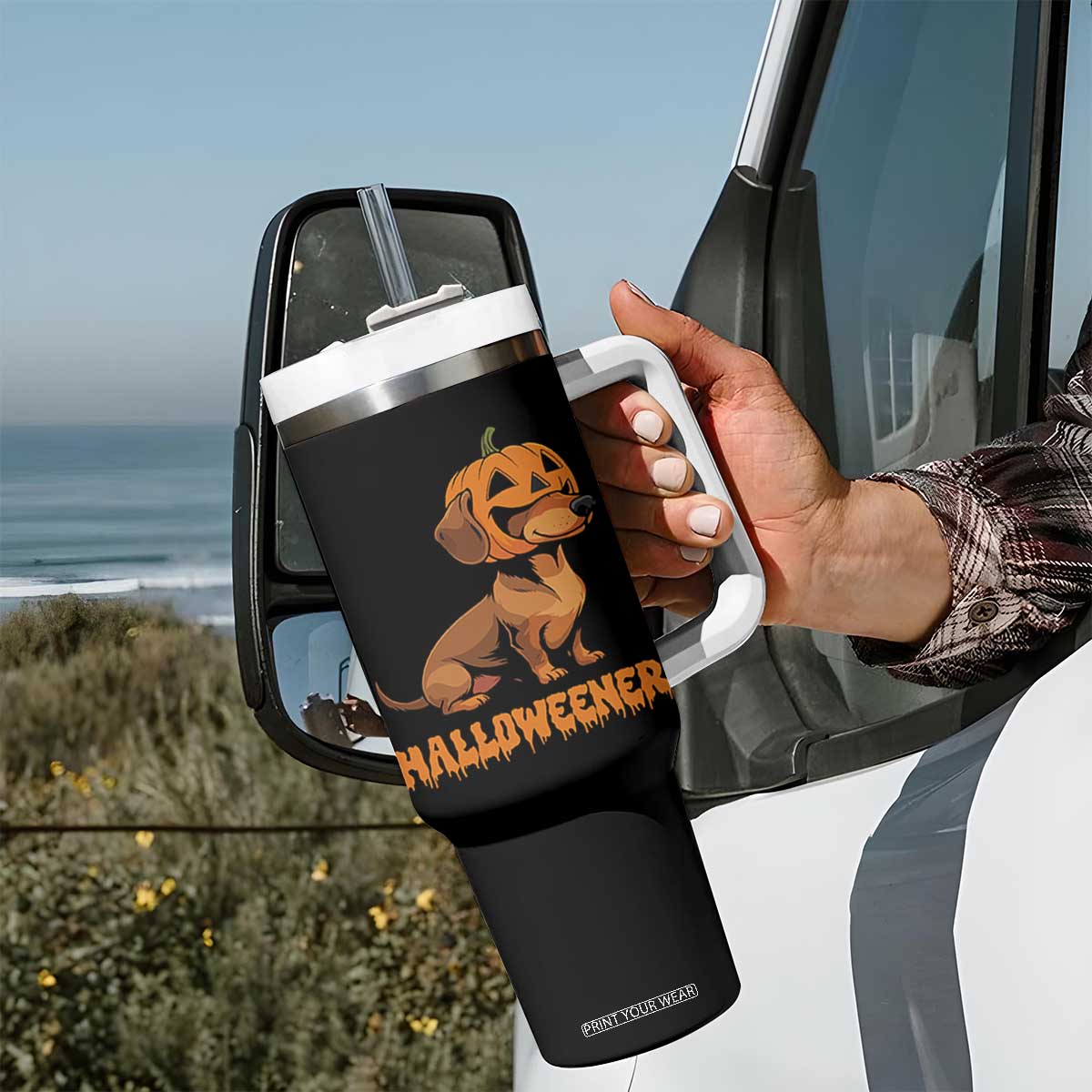 Funny Halloween Dachshund Tumbler With Handle Halloweener Pumpkin Wiener Dog TS11 Print Your Wear