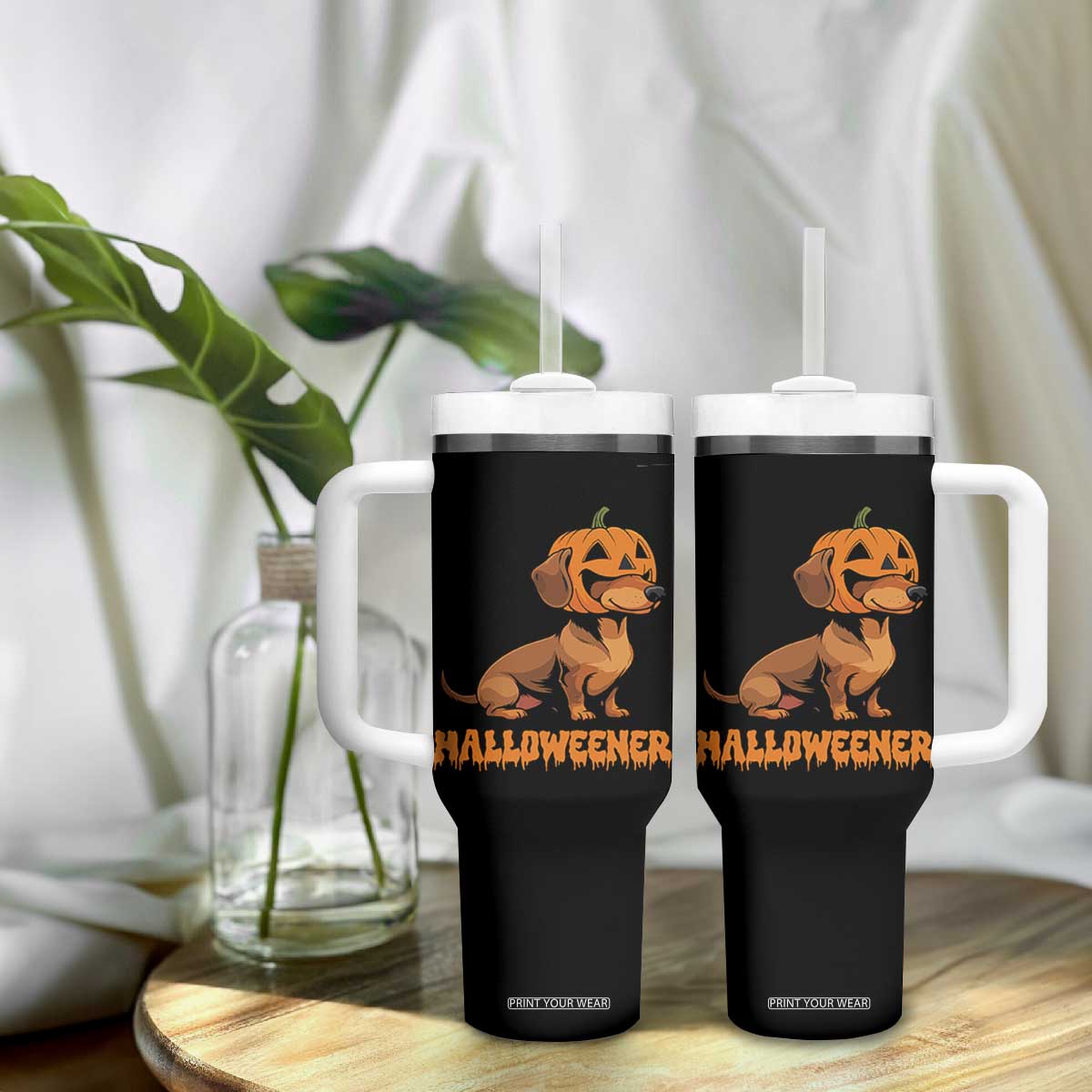 Funny Halloween Dachshund Tumbler With Handle Halloweener Pumpkin Wiener Dog TS11 Print Your Wear