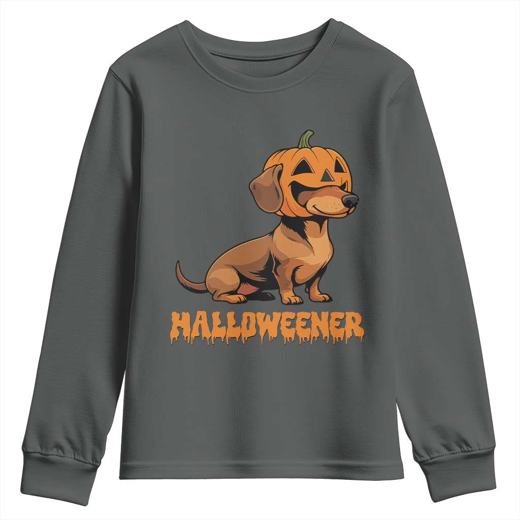 Funny Halloween Dachshund Youth Sweatshirt Halloweener Pumpkin Wiener Dog TS11 Dark Heather Print Your Wear