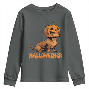 Funny Halloween Dachshund Youth Sweatshirt Halloweener Pumpkin Wiener Dog TS11 Dark Heather Print Your Wear