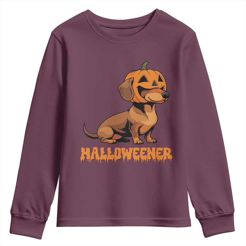 Funny Halloween Dachshund Youth Sweatshirt Halloweener Pumpkin Wiener Dog TS11 Maroon Print Your Wear