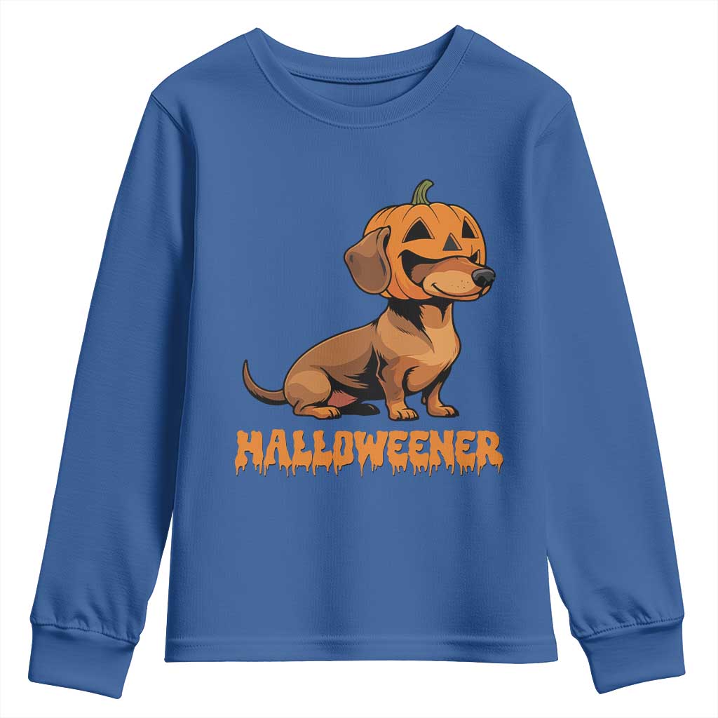 Funny Halloween Dachshund Youth Sweatshirt Halloweener Pumpkin Wiener Dog TS11 Royal Blue Print Your Wear
