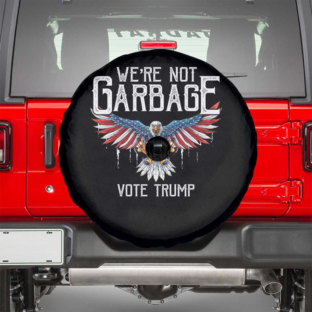 We're Not Garbage Vote Trump Spare Tire Cover US Election 2024 Vintage Eagle TS11 Black Print Your Wear