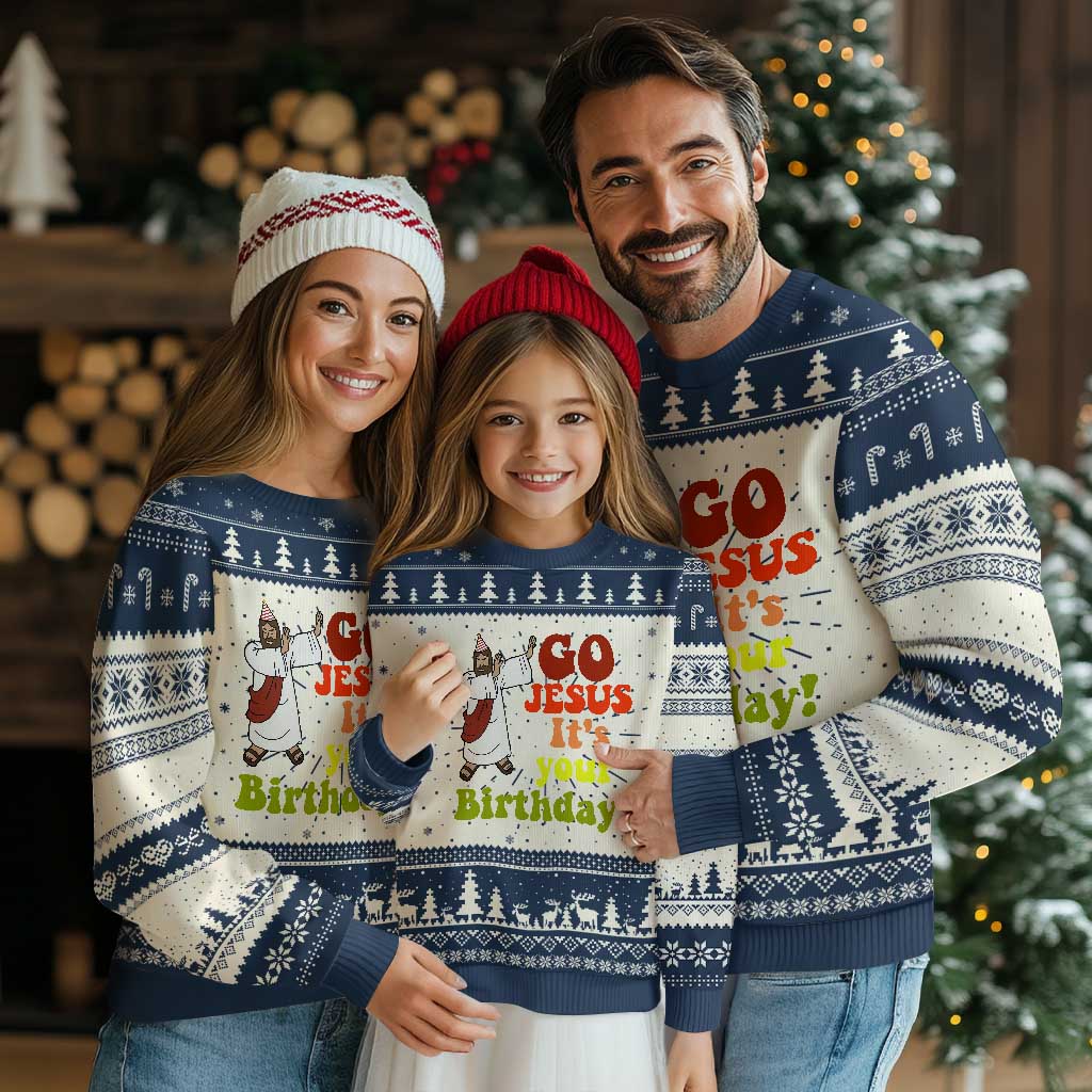 Funny Christian Xmas Ugly Christmas Sweater Go Jesus It's Your Birthday TS11 Navy Print Your Wear