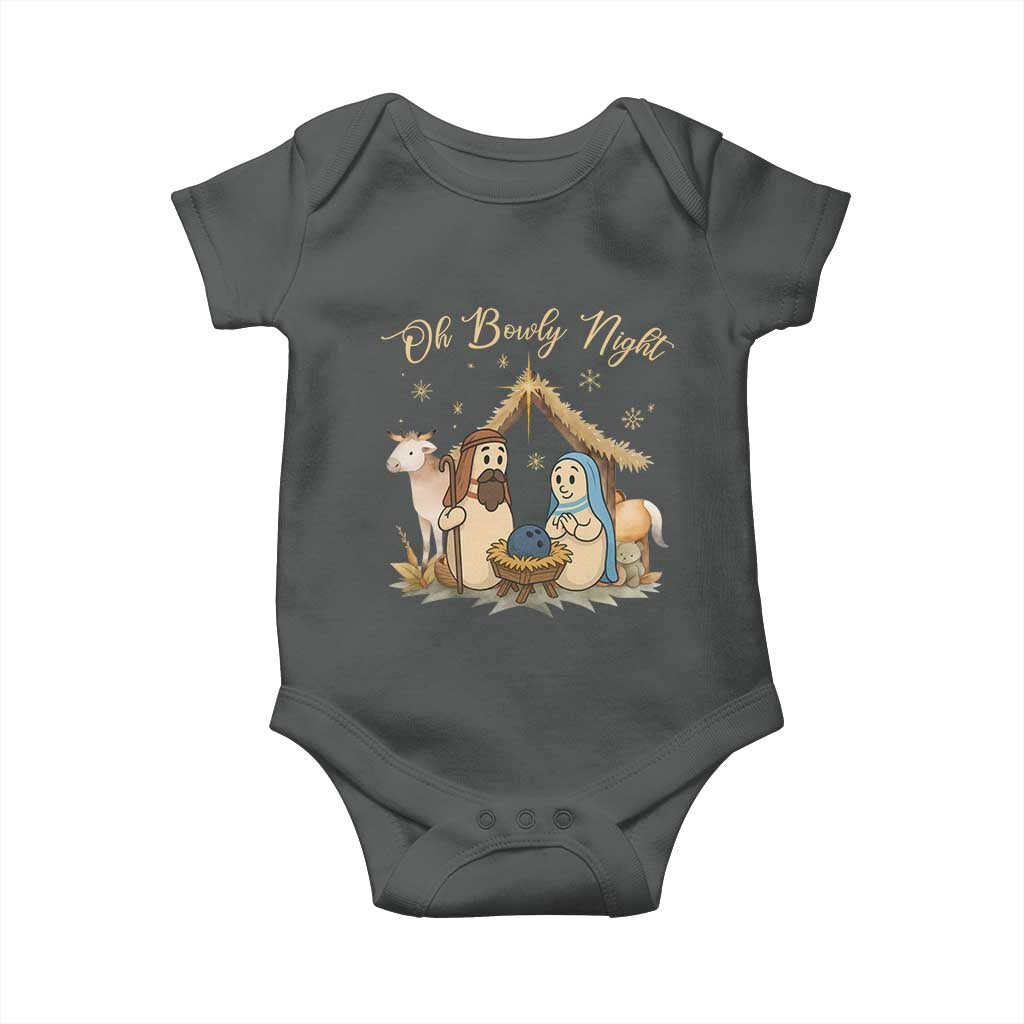 Funny Christmas Bowling Baby Onesie Oh Bowly Night Nativity Scene Bowling Pins TS11 Dark Heather Print Your Wear