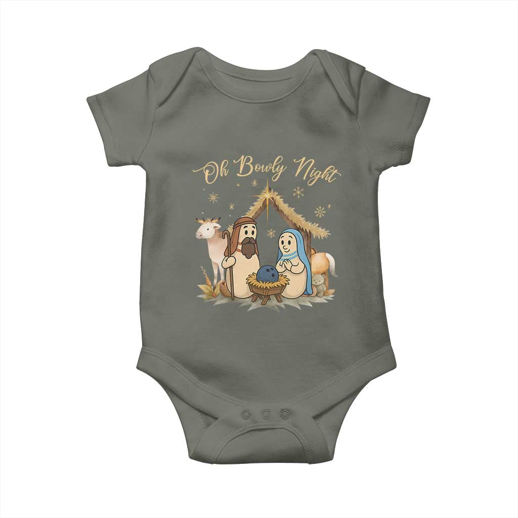 Funny Christmas Bowling Baby Onesie Oh Bowly Night Nativity Scene Bowling Pins TS11 Military Green Print Your Wear