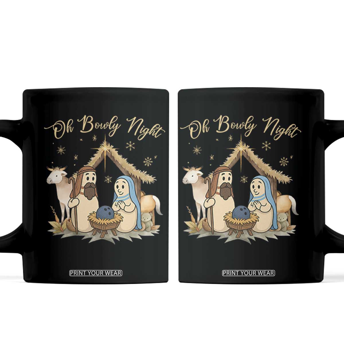 Funny Christmas Bowling Coffee Mug Oh Bowly Night Nativity Scene Bowling Pins TS11 Black Print Your Wear