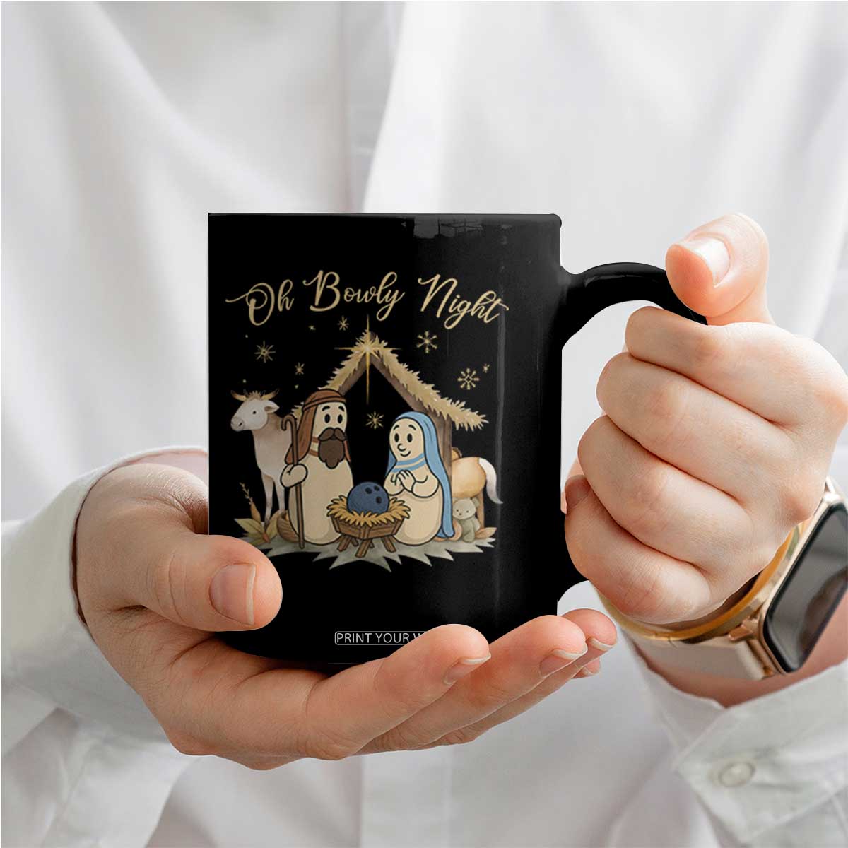 Funny Christmas Bowling Coffee Mug Oh Bowly Night Nativity Scene Bowling Pins - Print Your Wear