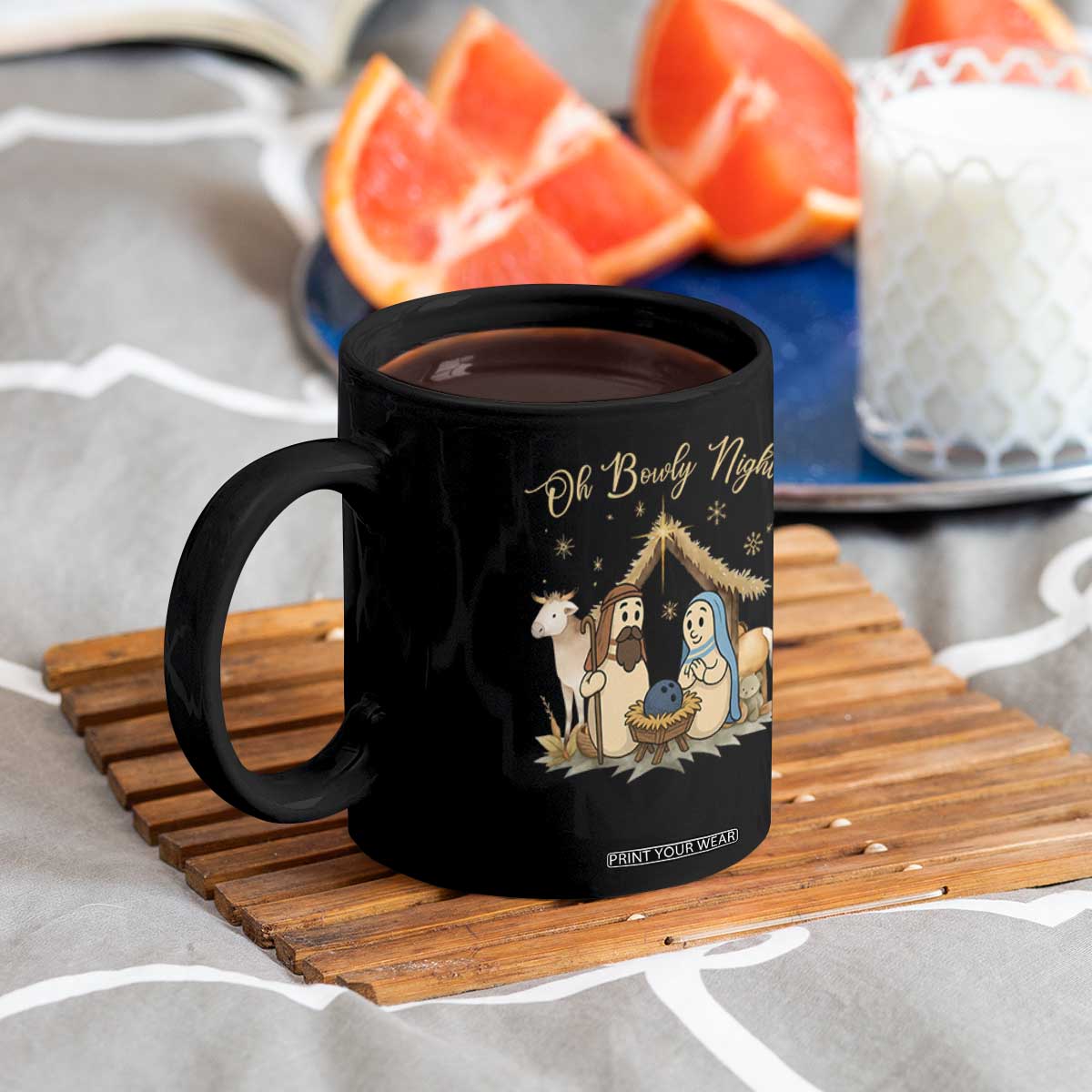 Funny Christmas Bowling Coffee Mug Oh Bowly Night Nativity Scene Bowling Pins - Print Your Wear