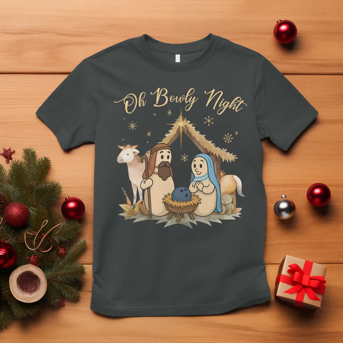 Funny Christmas Bowling T Shirt Oh Bowly Night Nativity Scene Bowling Pins TS11 Dark Heather Print Your Wear