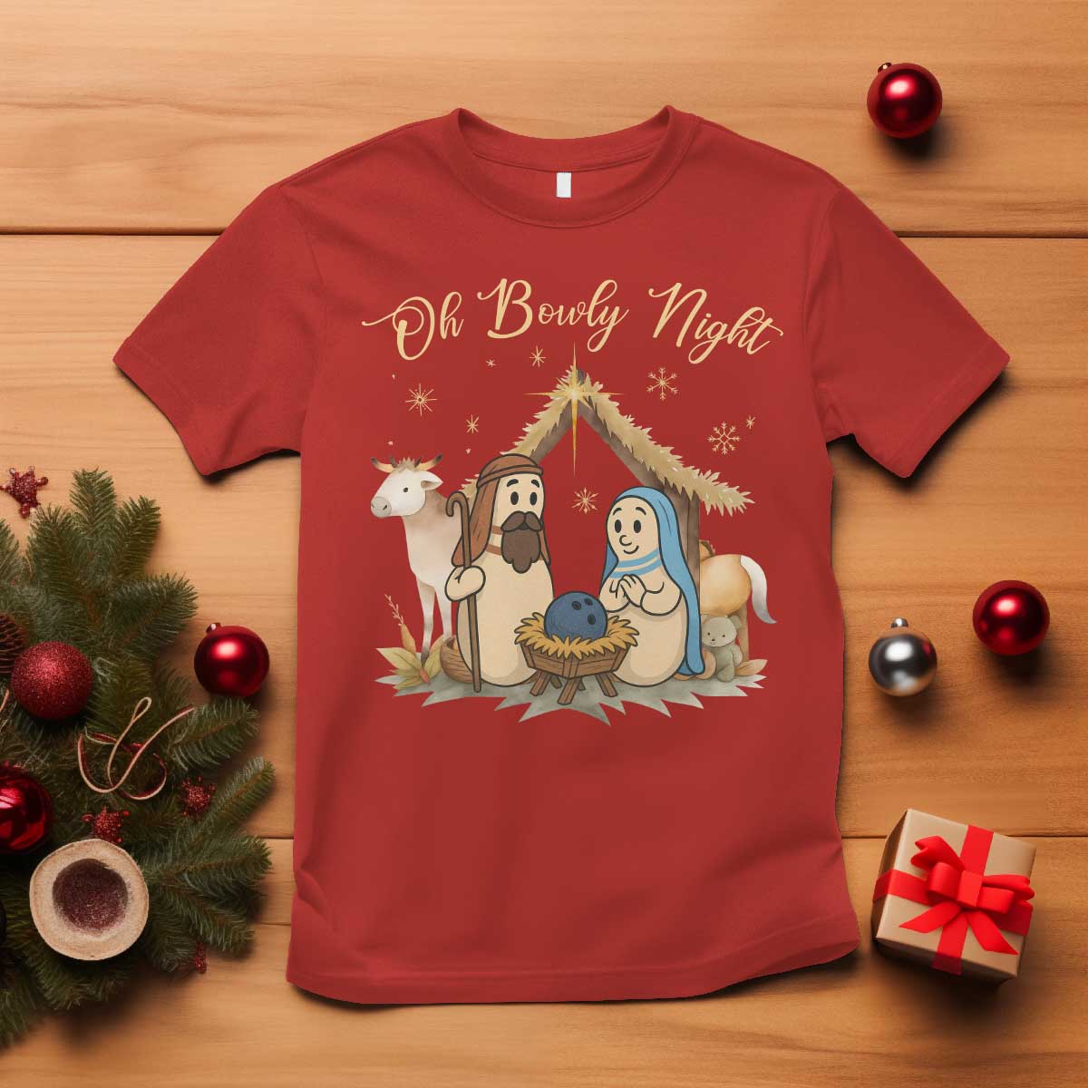 Funny Christmas Bowling T Shirt Oh Bowly Night Nativity Scene Bowling Pins TS11 Red Print Your Wear