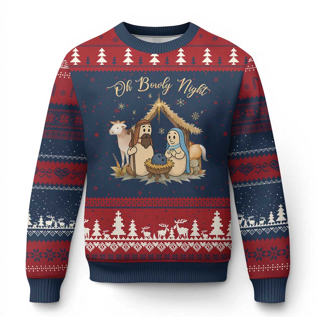 Funny Xmas Bowling Ugly Christmas Sweater Oh Bowly Night Nativity Scene Bowling Pins TS11 Navy Red Print Your Wear