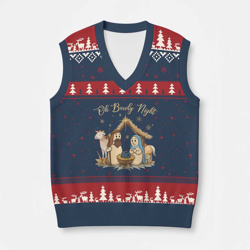 Funny Xmas Bowling V-Neck Knit Sweater Vest Oh Bowly Night Nativity Scene Bowling Pins TS11 Navy Red Print Your Wear