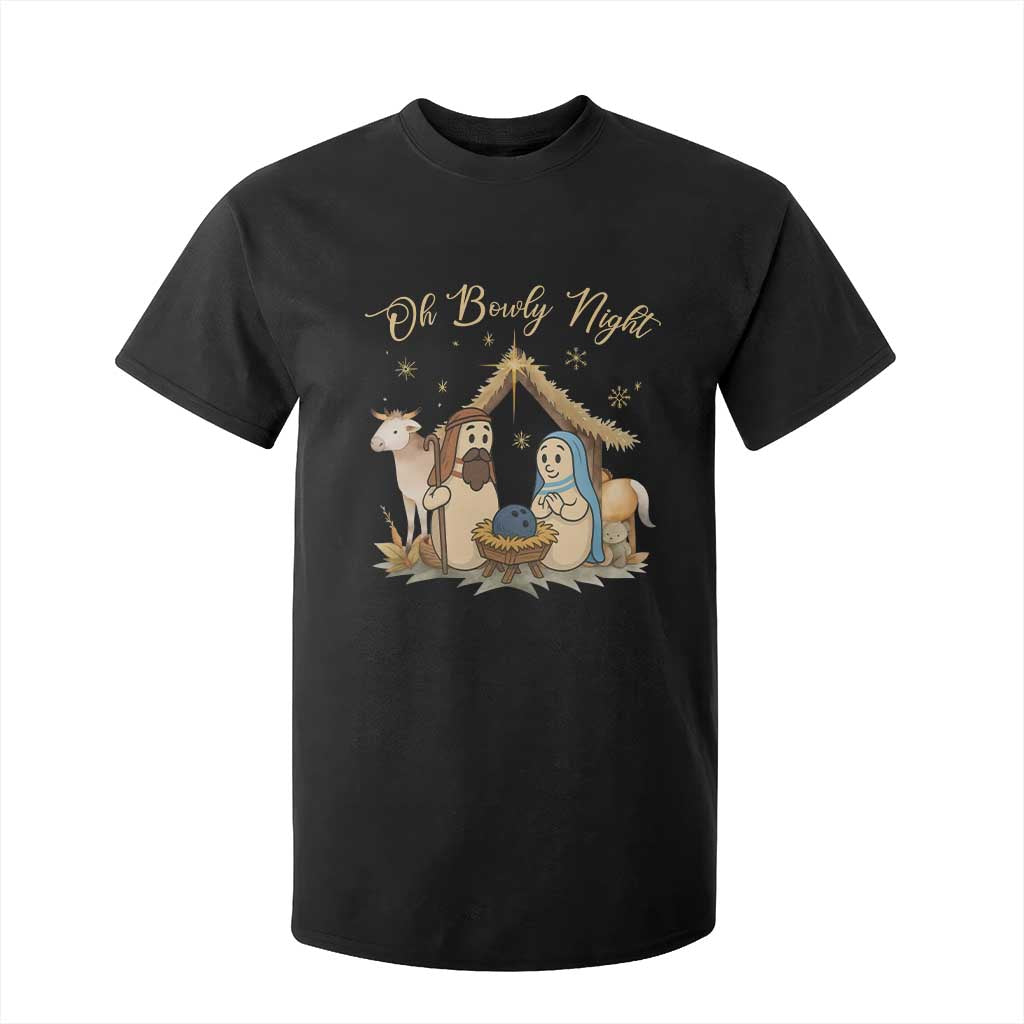 Funny Christmas Bowling T Shirt For Kid Oh Bowly Night Nativity Scene Bowling Pins TS11 Black Print Your Wear