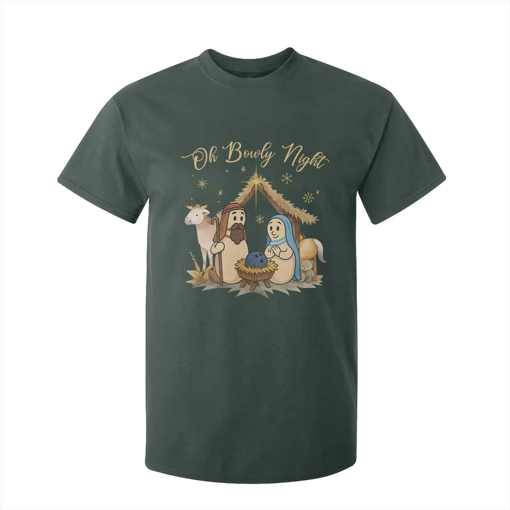 Funny Christmas Bowling T Shirt For Kid Oh Bowly Night Nativity Scene Bowling Pins TS11 Dark Forest Green Print Your Wear