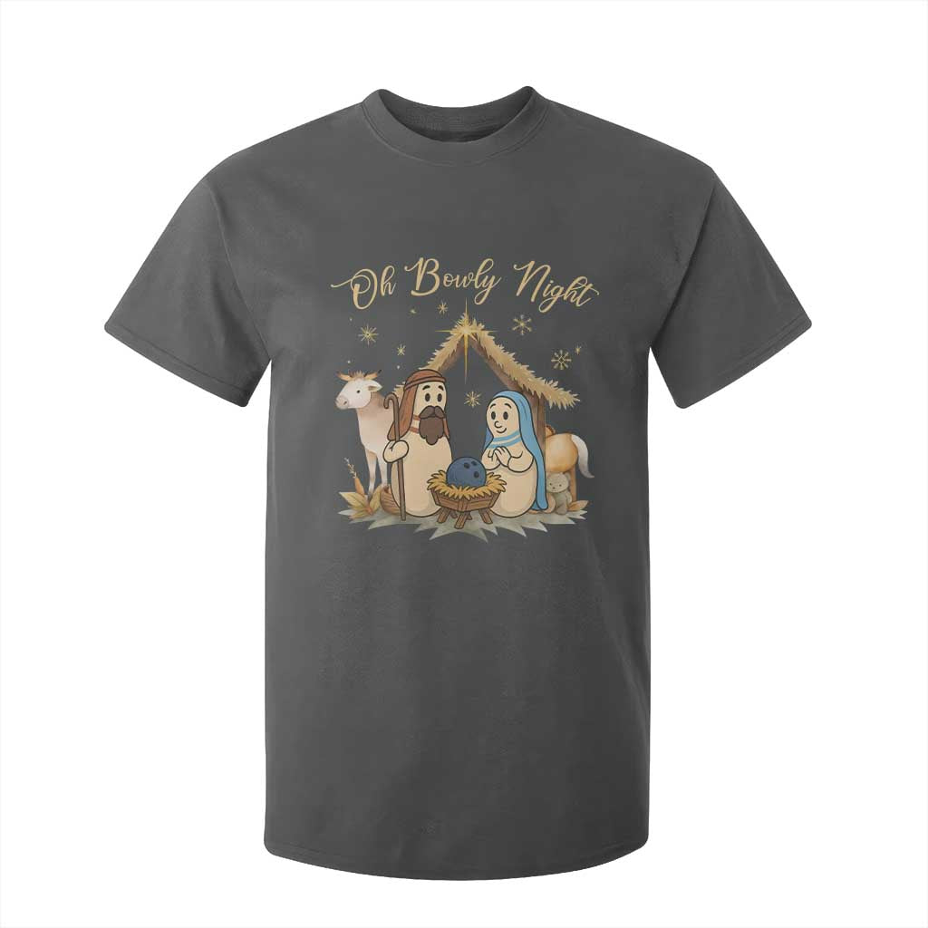 Funny Christmas Bowling T Shirt For Kid Oh Bowly Night Nativity Scene Bowling Pins TS11 Dark Heather Print Your Wear