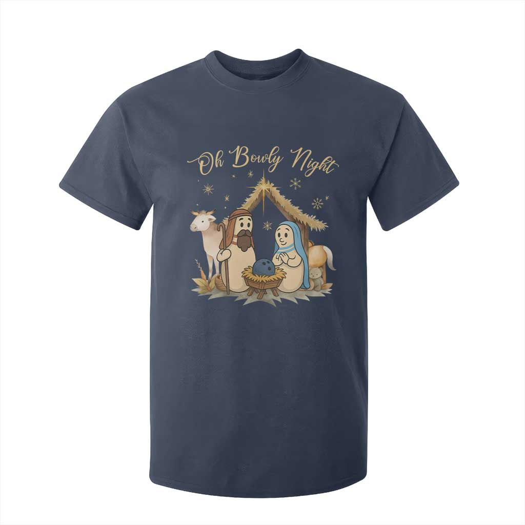 Funny Christmas Bowling T Shirt For Kid Oh Bowly Night Nativity Scene Bowling Pins TS11 Navy Print Your Wear