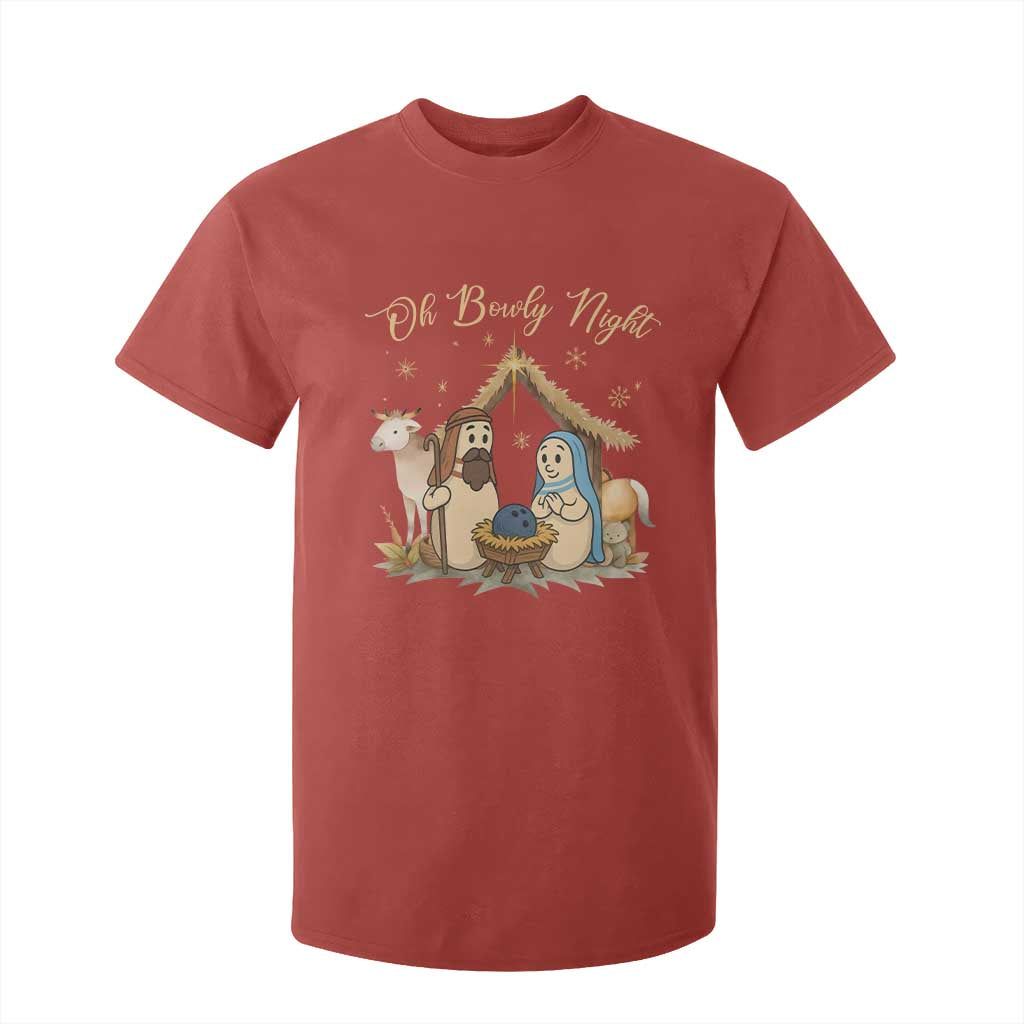 Funny Christmas Bowling T Shirt For Kid Oh Bowly Night Nativity Scene Bowling Pins TS11 Red Print Your Wear