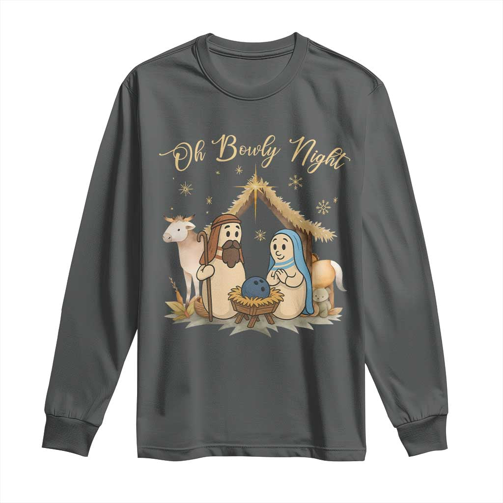 Funny Christmas Bowling Long Sleeve Shirt Oh Bowly Night Nativity Scene Bowling Pins TS11 Dark Heather Print Your Wear