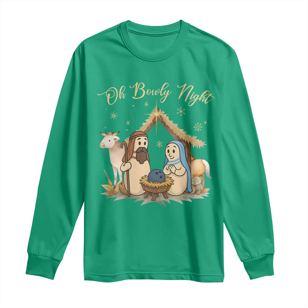 Funny Christmas Bowling Long Sleeve Shirt Oh Bowly Night Nativity Scene Bowling Pins TS11 Irish Green Print Your Wear