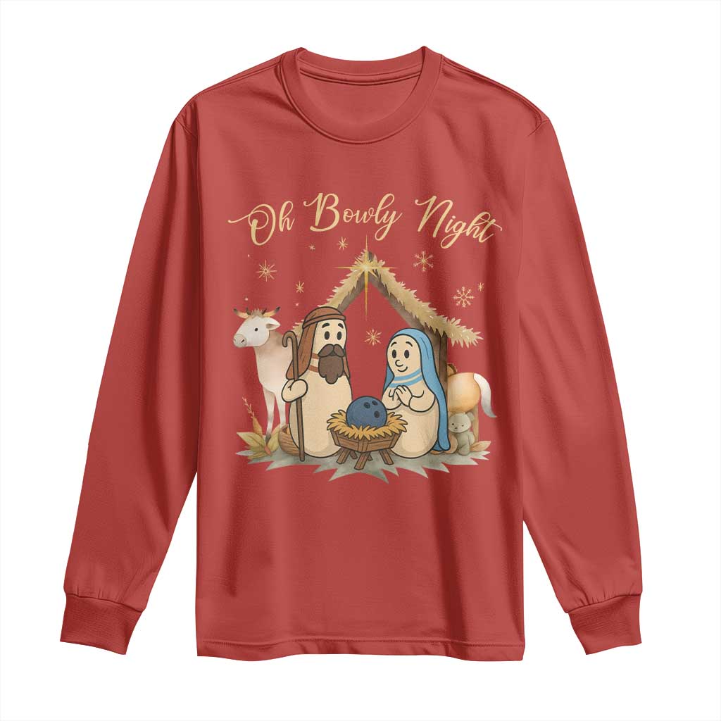 Funny Christmas Bowling Long Sleeve Shirt Oh Bowly Night Nativity Scene Bowling Pins TS11 Red Print Your Wear