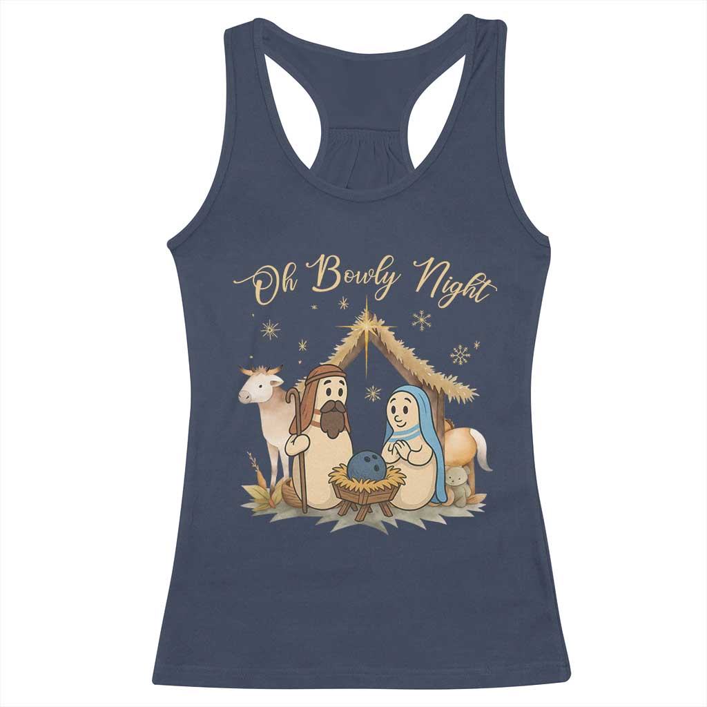 Funny Christmas Bowling Racerback Tank Top Oh Bowly Night Nativity Scene Bowling Pins TS11 Navy Print Your Wear