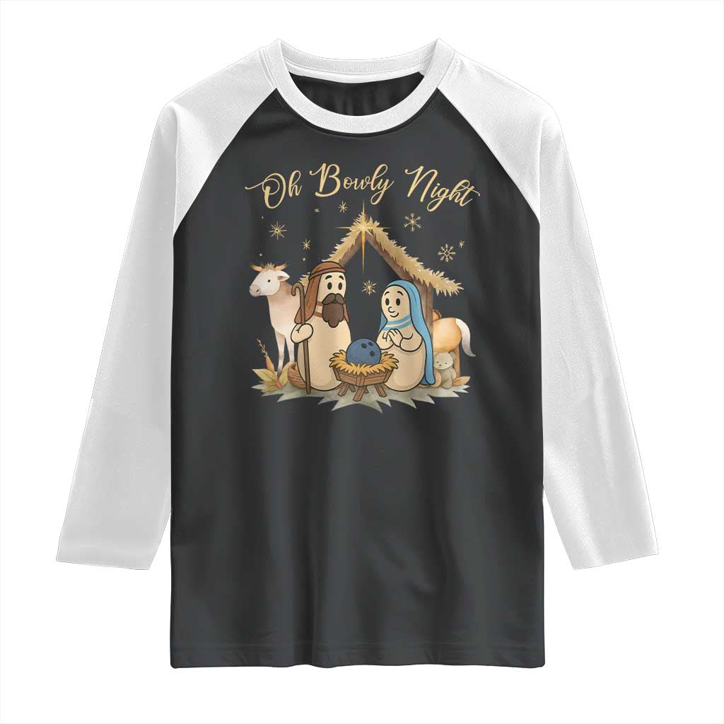 Funny Christmas Bowling Raglan Shirt Oh Bowly Night Nativity Scene Bowling Pins TS11 Black White Print Your Wear