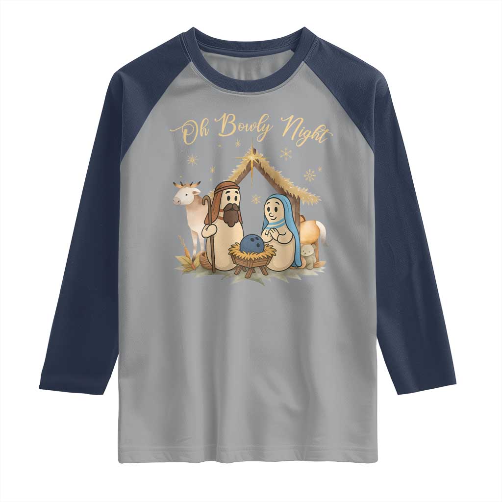 Funny Christmas Bowling Raglan Shirt Oh Bowly Night Nativity Scene Bowling Pins TS11 Sport Gray Navy Print Your Wear
