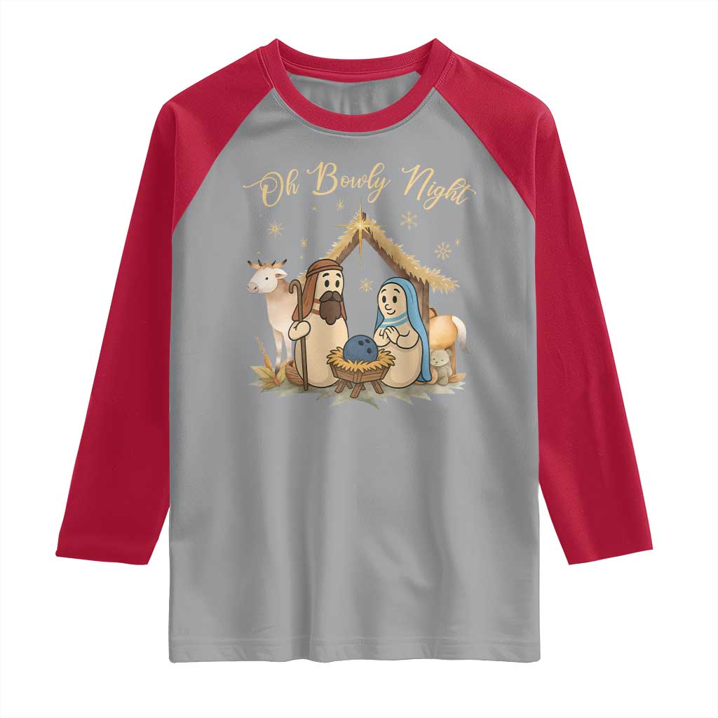 Funny Christmas Bowling Raglan Shirt Oh Bowly Night Nativity Scene Bowling Pins TS11 Sport Gray Red Print Your Wear