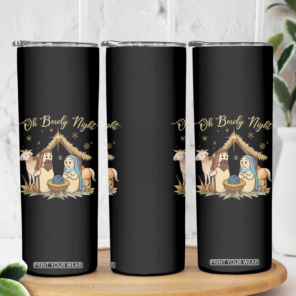 Funny Christmas Bowling Skinny Tumbler Oh Bowly Night Nativity Scene Bowling Pins - Print Your Wear