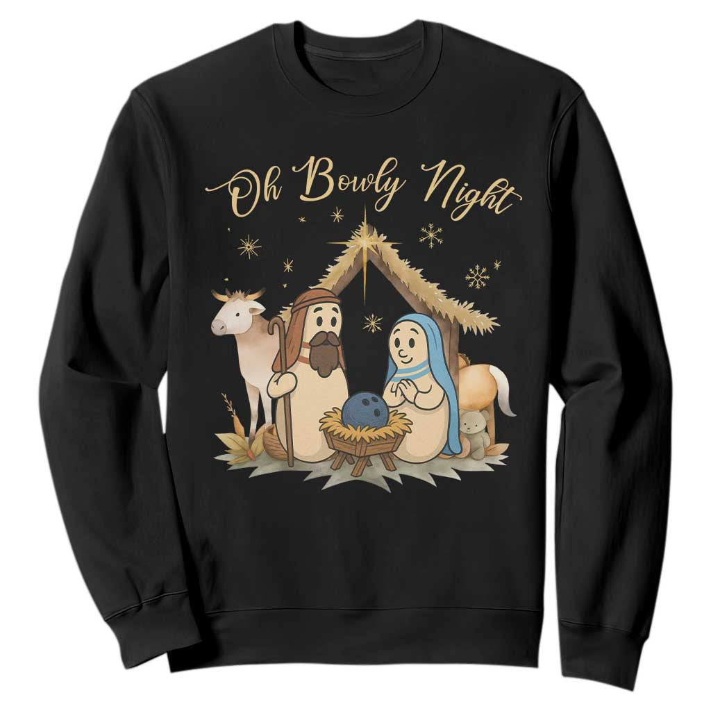 Funny Christmas Bowling Sweatshirt Oh Bowly Night Nativity Scene Bowling Pins TS11 Black Print Your Wear