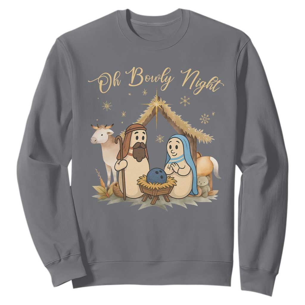 Funny Christmas Bowling Sweatshirt Oh Bowly Night Nativity Scene Bowling Pins TS11 Charcoal Print Your Wear