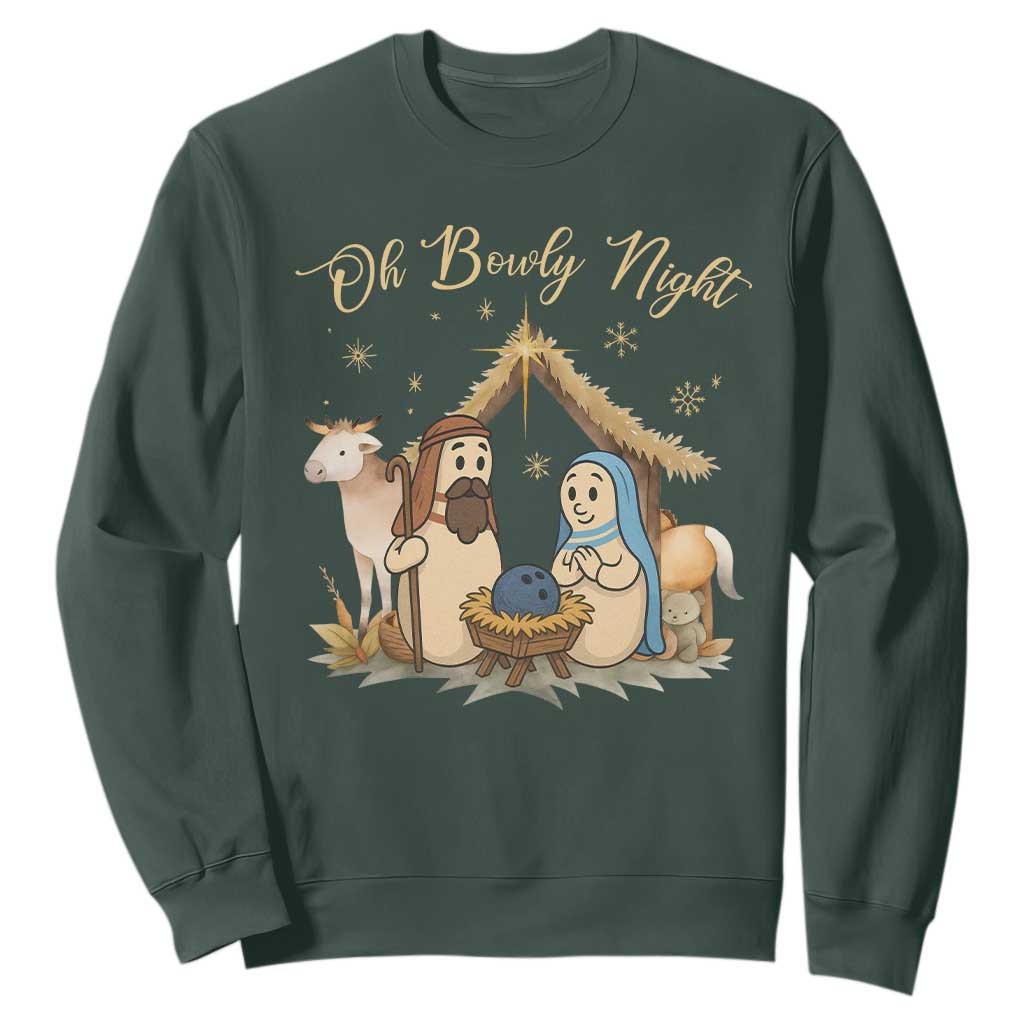 Funny Christmas Bowling Sweatshirt Oh Bowly Night Nativity Scene Bowling Pins TS11 Dark Forest Green Print Your Wear