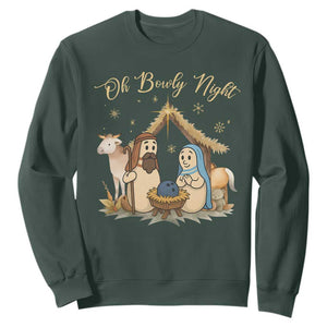 Funny Christmas Bowling Sweatshirt Oh Bowly Night Nativity Scene Bowling Pins TS11 Dark Forest Green Print Your Wear
