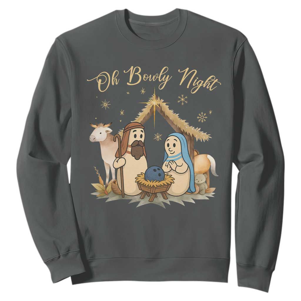 Funny Christmas Bowling Sweatshirt Oh Bowly Night Nativity Scene Bowling Pins TS11 Dark Heather Print Your Wear