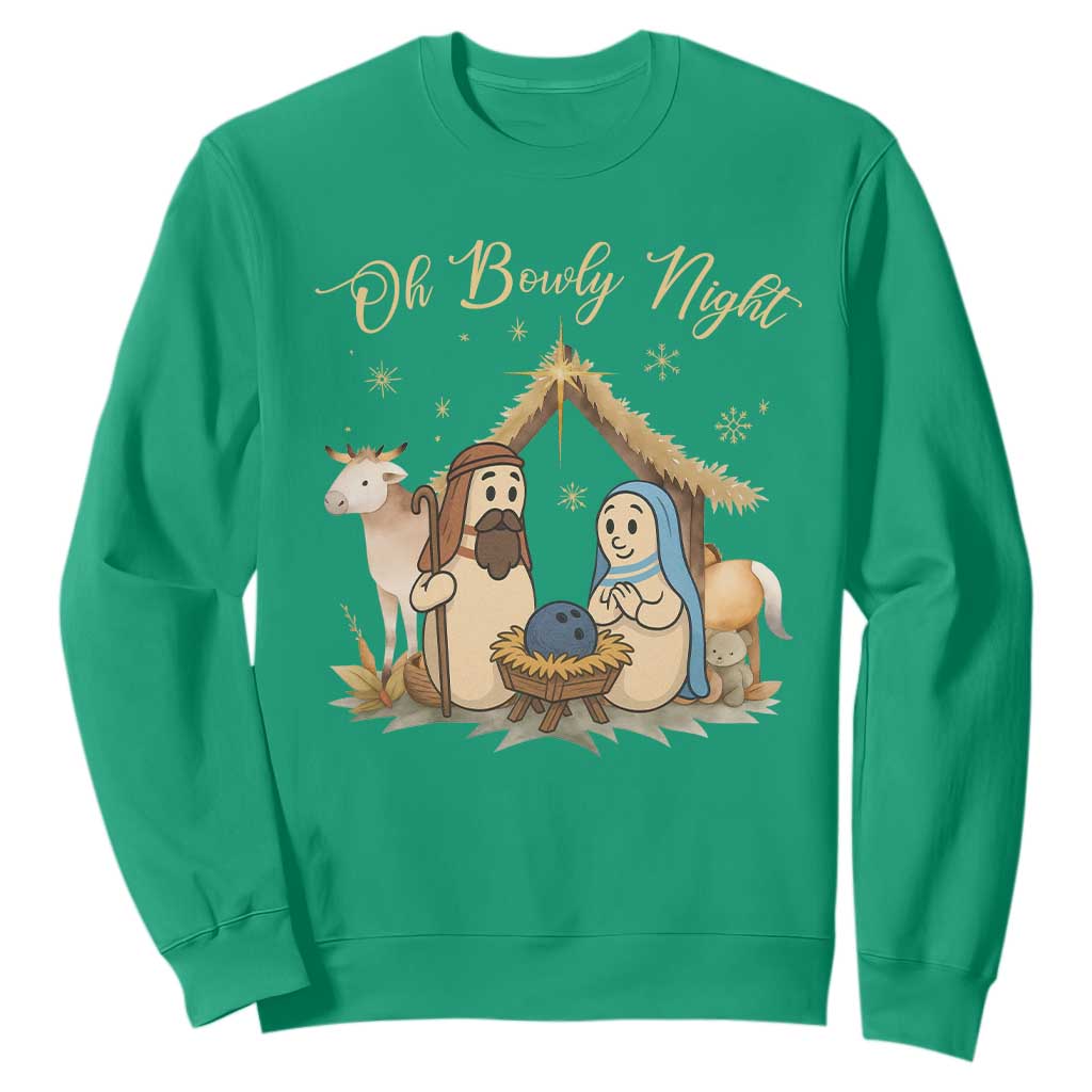Funny Christmas Bowling Sweatshirt Oh Bowly Night Nativity Scene Bowling Pins TS11 Irish Green Print Your Wear