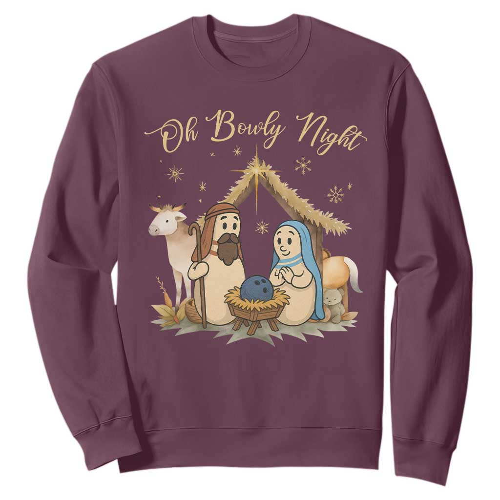 Funny Christmas Bowling Sweatshirt Oh Bowly Night Nativity Scene Bowling Pins TS11 Maroon Print Your Wear