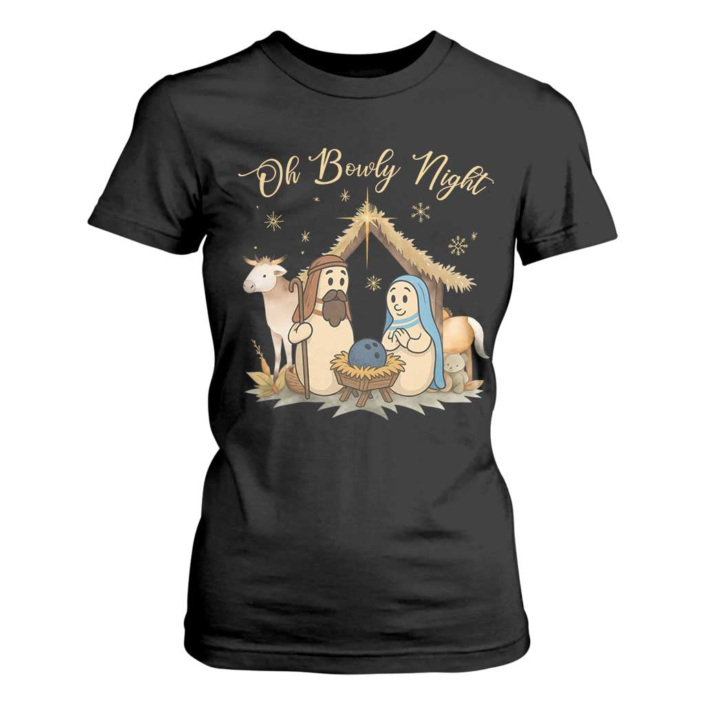 Funny Christmas Bowling T Shirt For Women Oh Bowly Night Nativity Scene Bowling Pins TS11 Black Print Your Wear