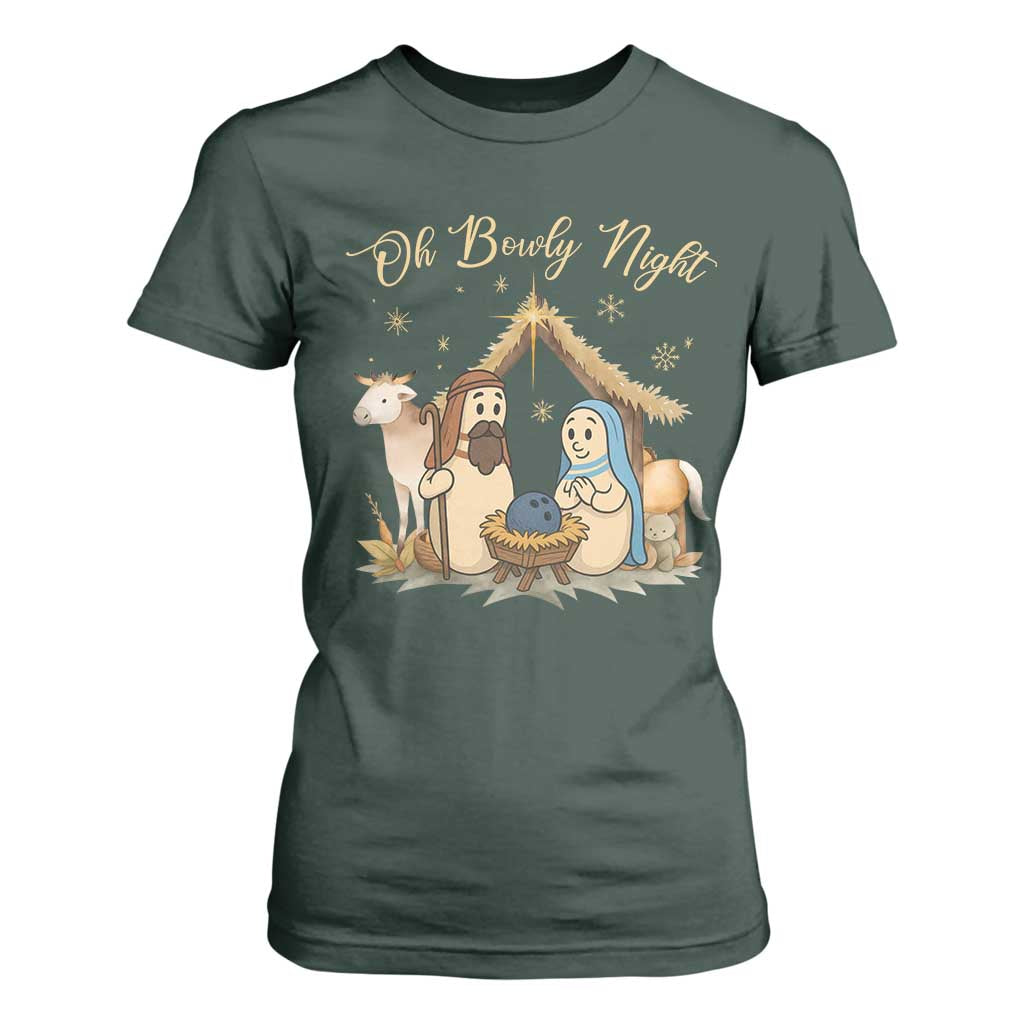 Funny Christmas Bowling T Shirt For Women Oh Bowly Night Nativity Scene Bowling Pins TS11 Dark Forest Green Print Your Wear