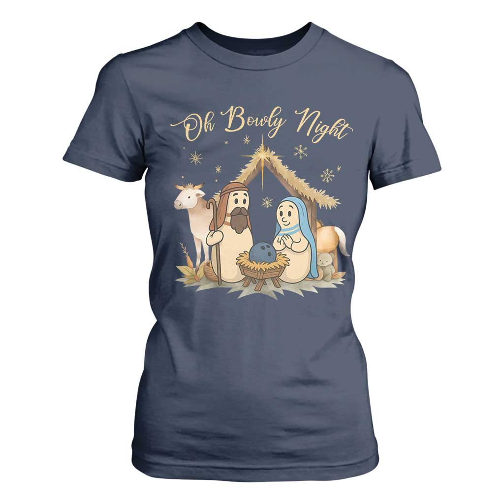 Funny Christmas Bowling T Shirt For Women Oh Bowly Night Nativity Scene Bowling Pins TS11 Navy Print Your Wear