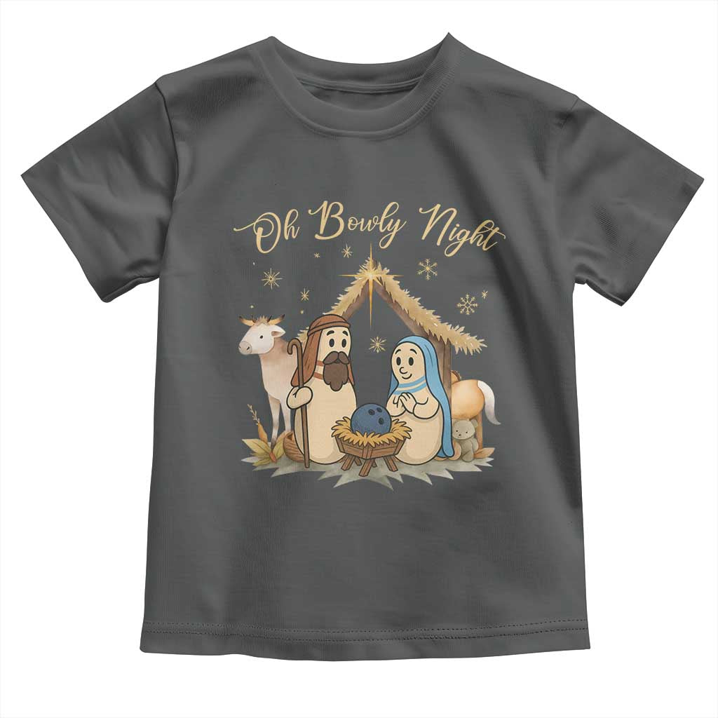 Funny Christmas Bowling Toddler T Shirt Oh Bowly Night Nativity Scene Bowling Pins TS11 Dark Heather Print Your Wear