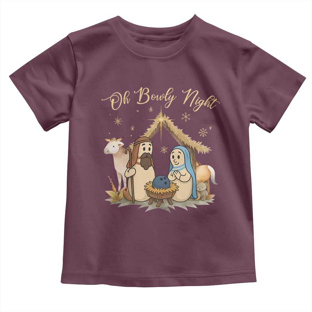 Funny Christmas Bowling Toddler T Shirt Oh Bowly Night Nativity Scene Bowling Pins TS11 Maroon Print Your Wear