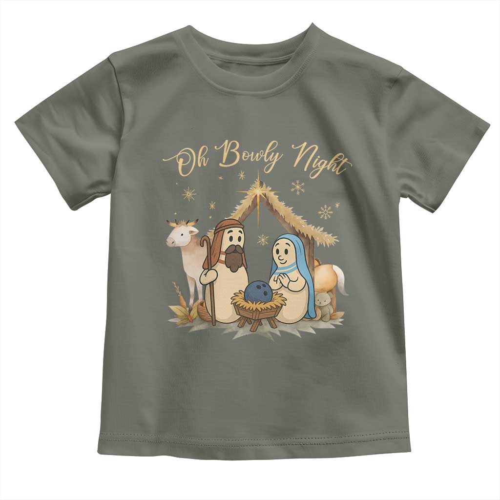 Funny Christmas Bowling Toddler T Shirt Oh Bowly Night Nativity Scene Bowling Pins TS11 Military Green Print Your Wear