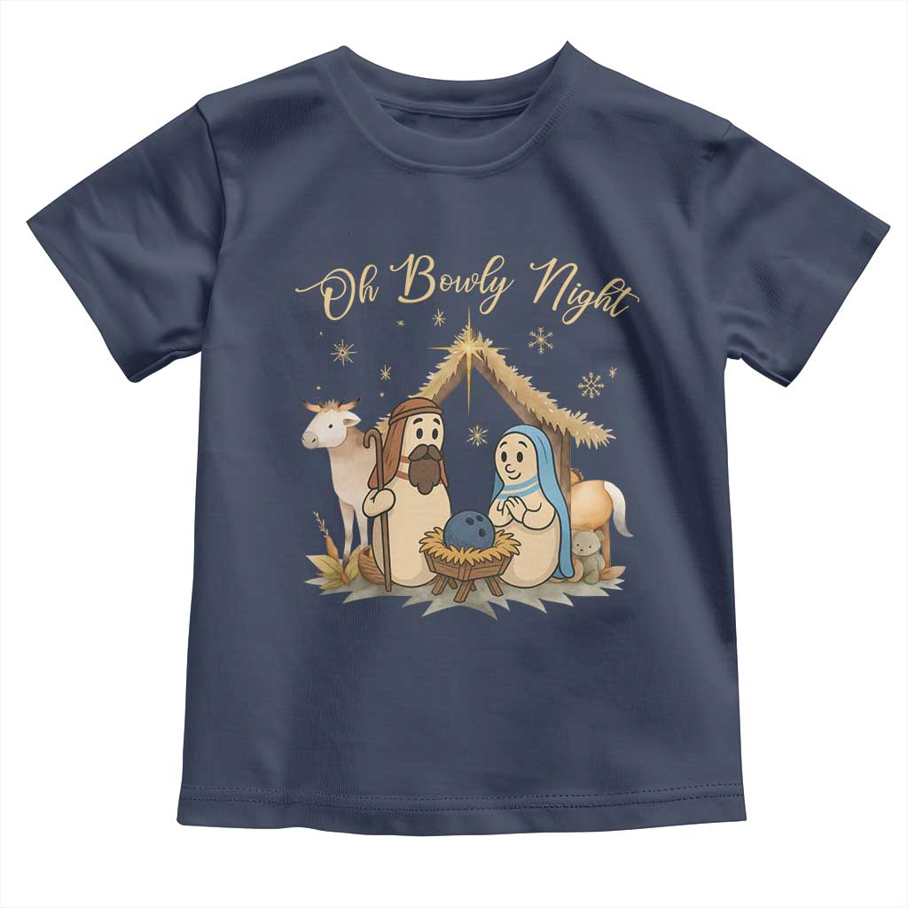 Funny Christmas Bowling Toddler T Shirt Oh Bowly Night Nativity Scene Bowling Pins TS11 Navy Print Your Wear