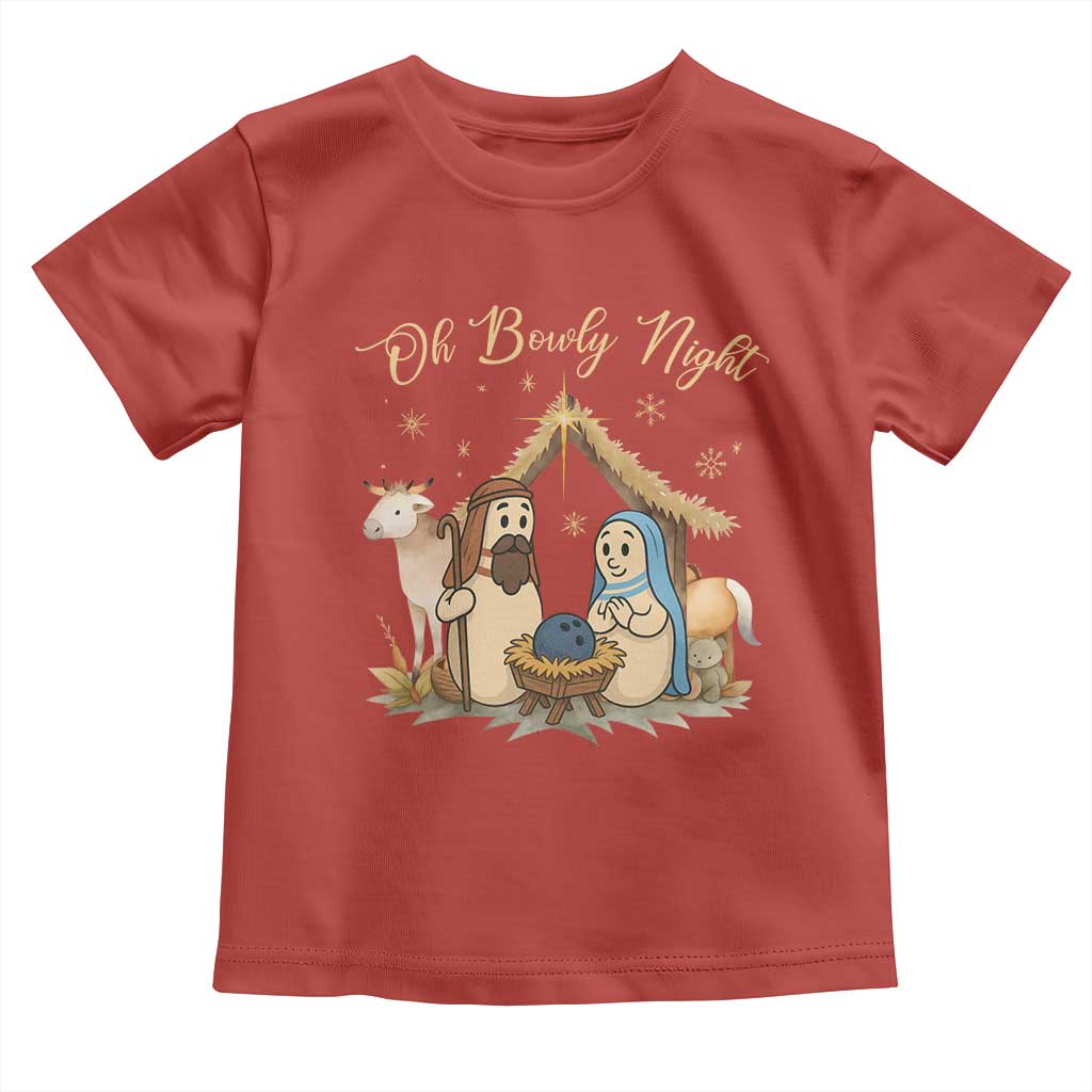 Funny Christmas Bowling Toddler T Shirt Oh Bowly Night Nativity Scene Bowling Pins TS11 Red Print Your Wear