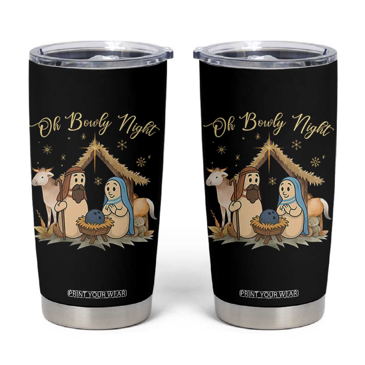 Funny Christmas Bowling Tumbler Cup Oh Bowly Night Nativity Scene Bowling Pins - Print Your Wear