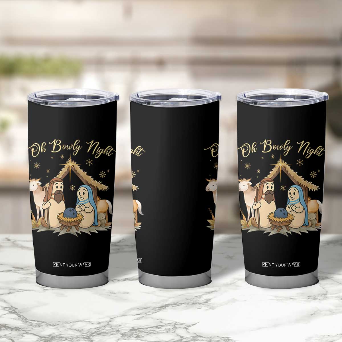 Funny Christmas Bowling Tumbler Cup Oh Bowly Night Nativity Scene Bowling Pins - Print Your Wear