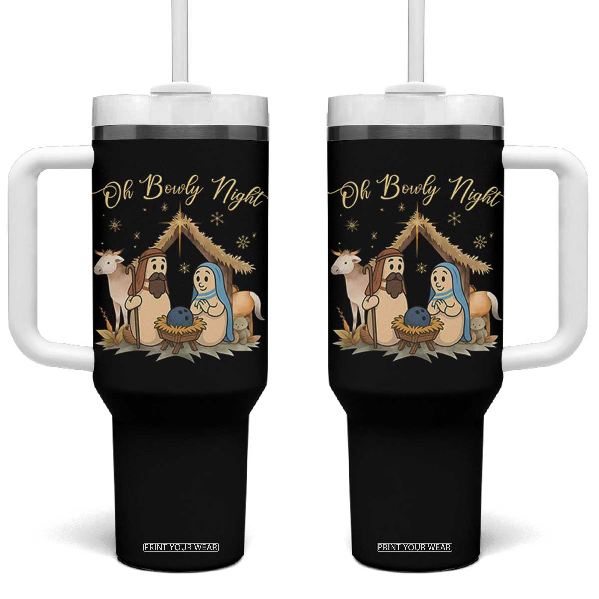 Funny Christmas Bowling Tumbler With Handle Oh Bowly Night Nativity Scene Bowling Pins - Print Your Wear