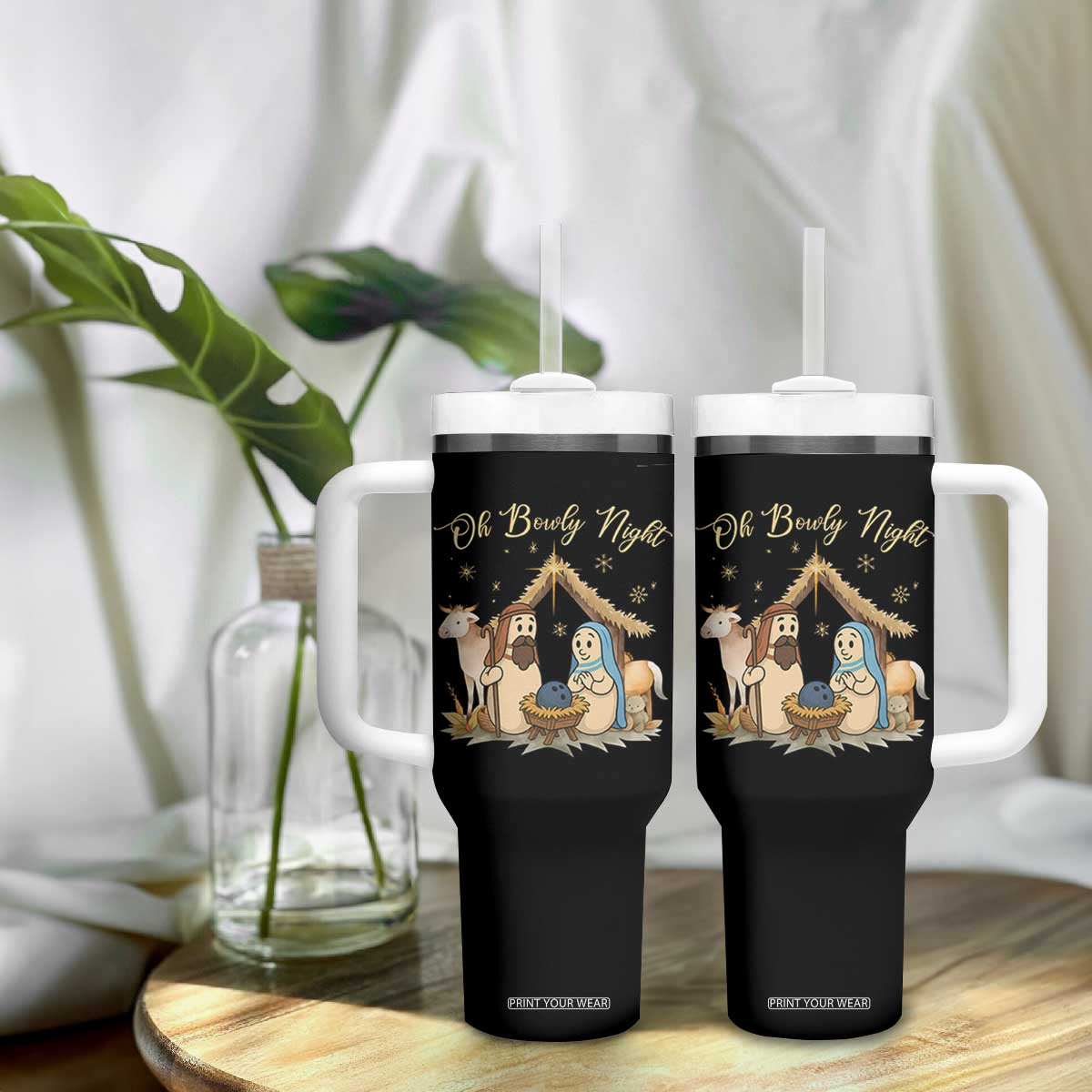 Funny Christmas Bowling Tumbler With Handle Oh Bowly Night Nativity Scene Bowling Pins - Print Your Wear