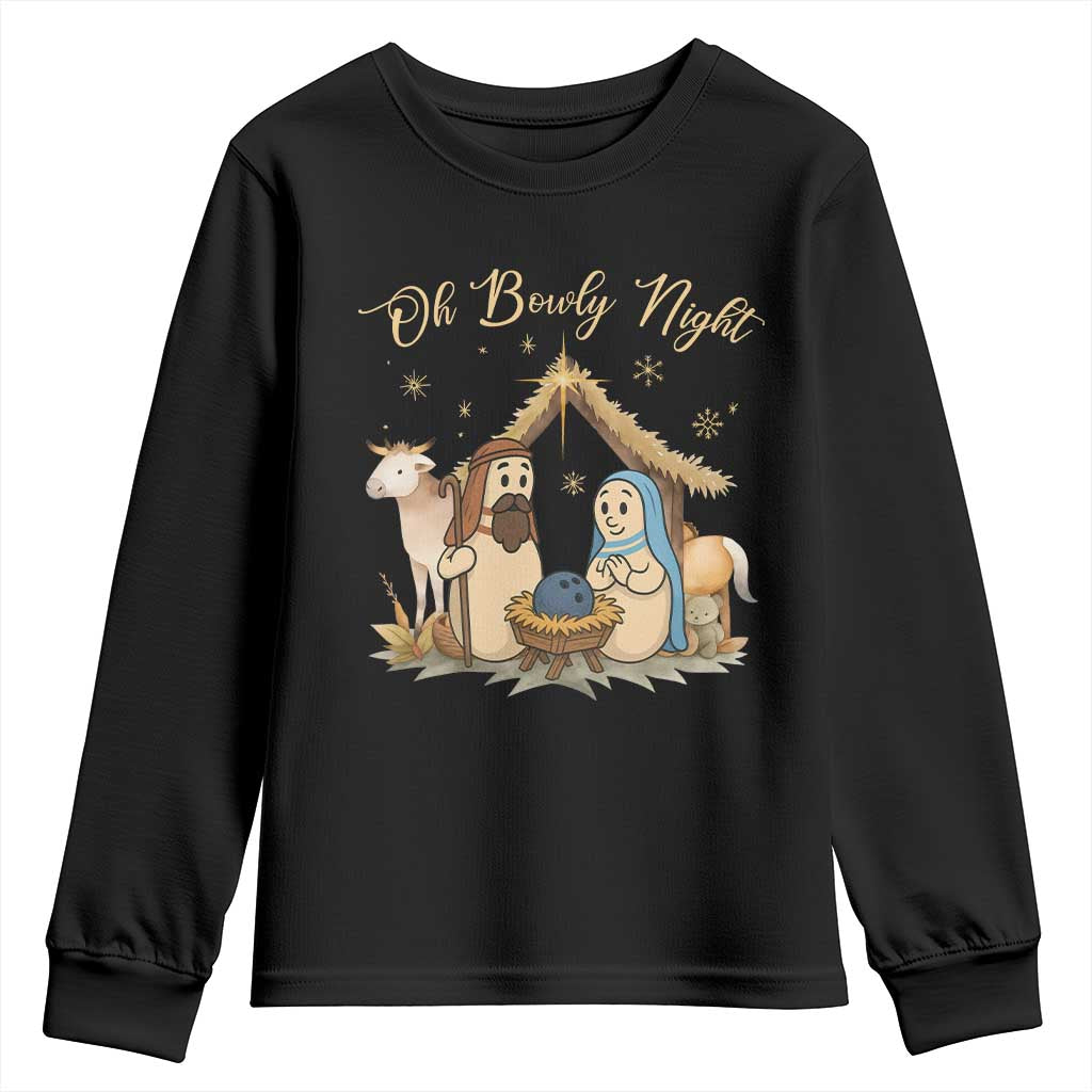 Funny Christmas Bowling Youth Sweatshirt Oh Bowly Night Nativity Scene Bowling Pins TS11 Black Print Your Wear